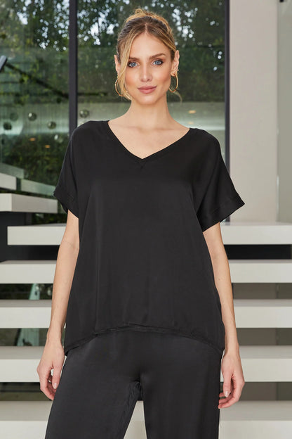 Viscose Short Sleeve V-Neck Top- Black