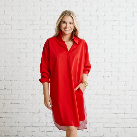 Preppy Game Day Back Stripe Dress- Red