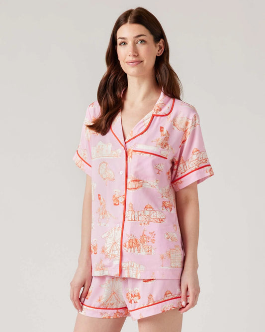 Katie Kime San Antonio Toile Pajama Shorts Set- Pink/Orange