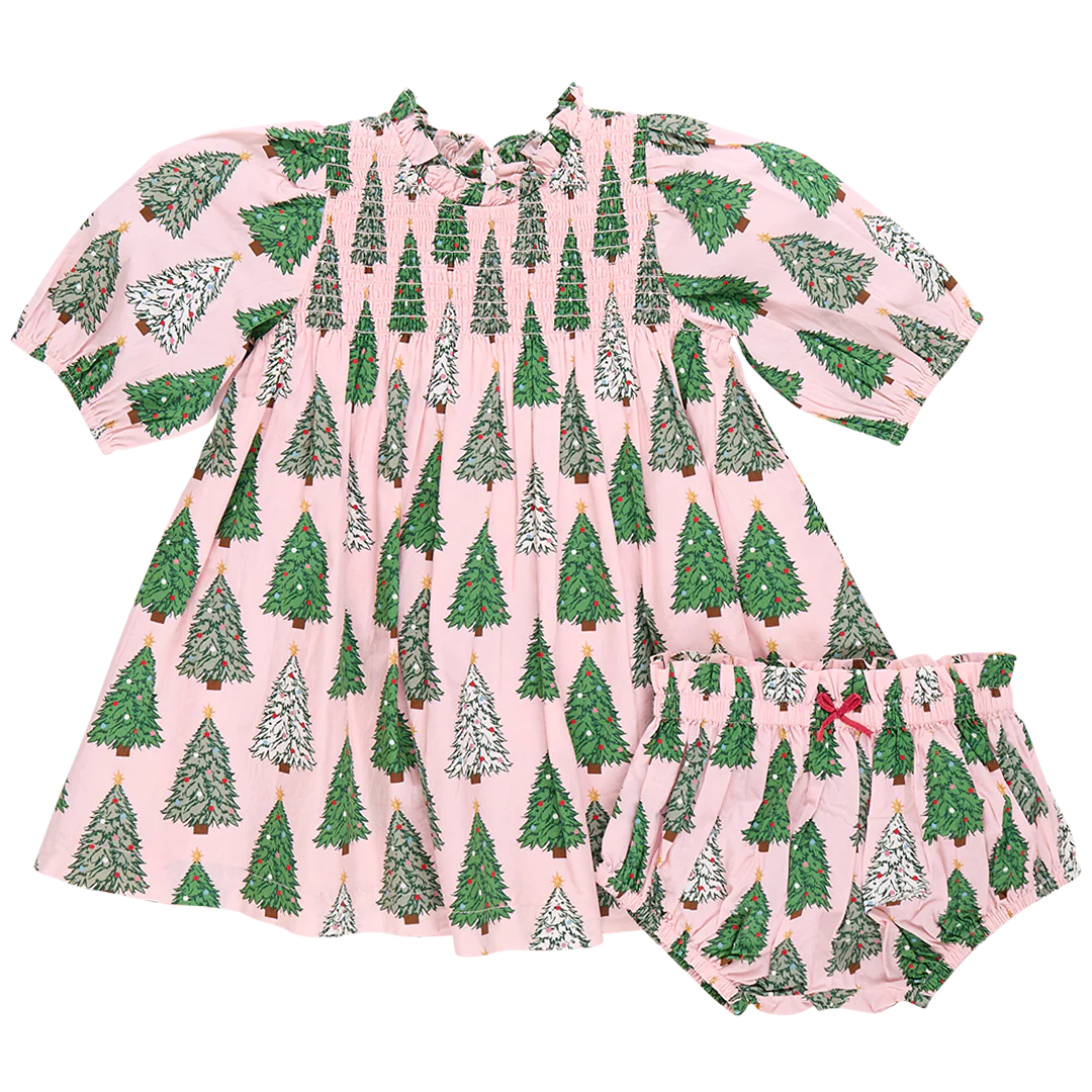 Baby Girls Stevie Puff Sleeve Dress Set- Pink Trees