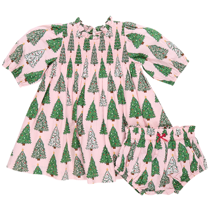 Baby Girls Stevie Puff Sleeve Dress Set- Pink Trees