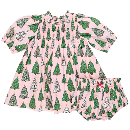 Baby Girls Stevie Puff Sleeve Dress Set- Pink Trees