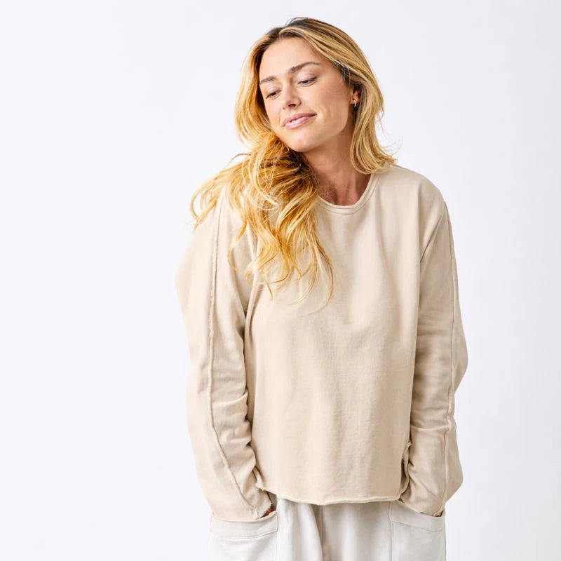 Wan Rolled Neck Raw Edge Sweatshirt- Light Beige