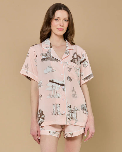 KK PJ Shorts Set- Pink + Brown Texas Toile
