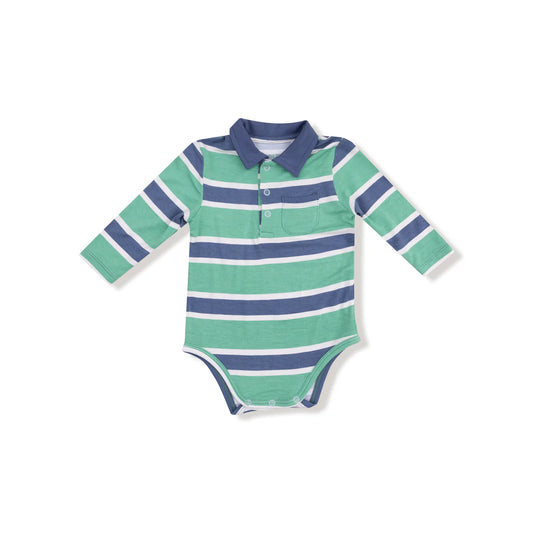 Rugby Stripe Polo Bodysuit- Green + Navy