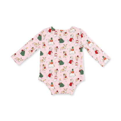 Long Sleeve Onesie- Pink Xmas Dogs