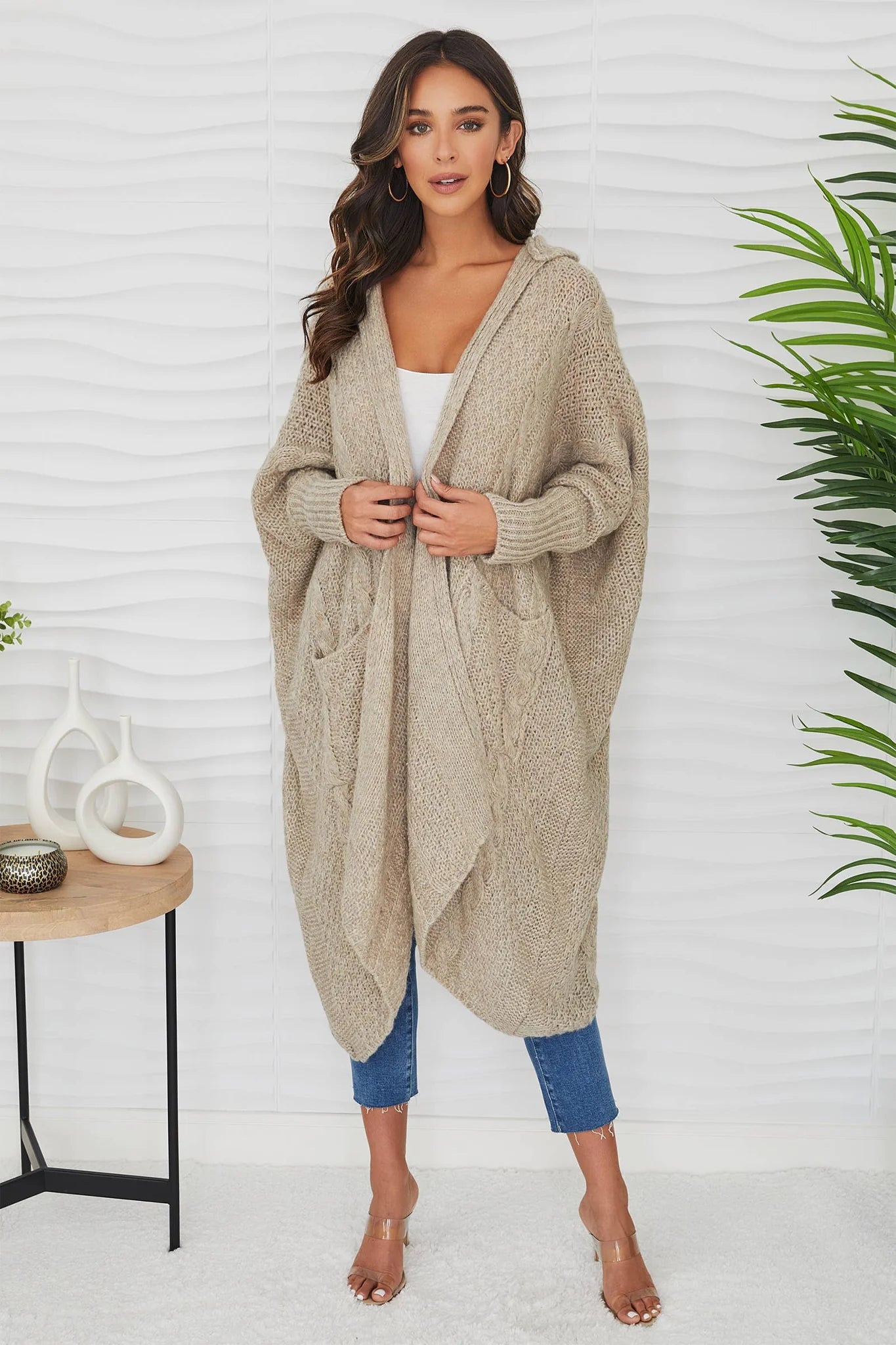 Cable Knit Mid Length Cardigan- Beige