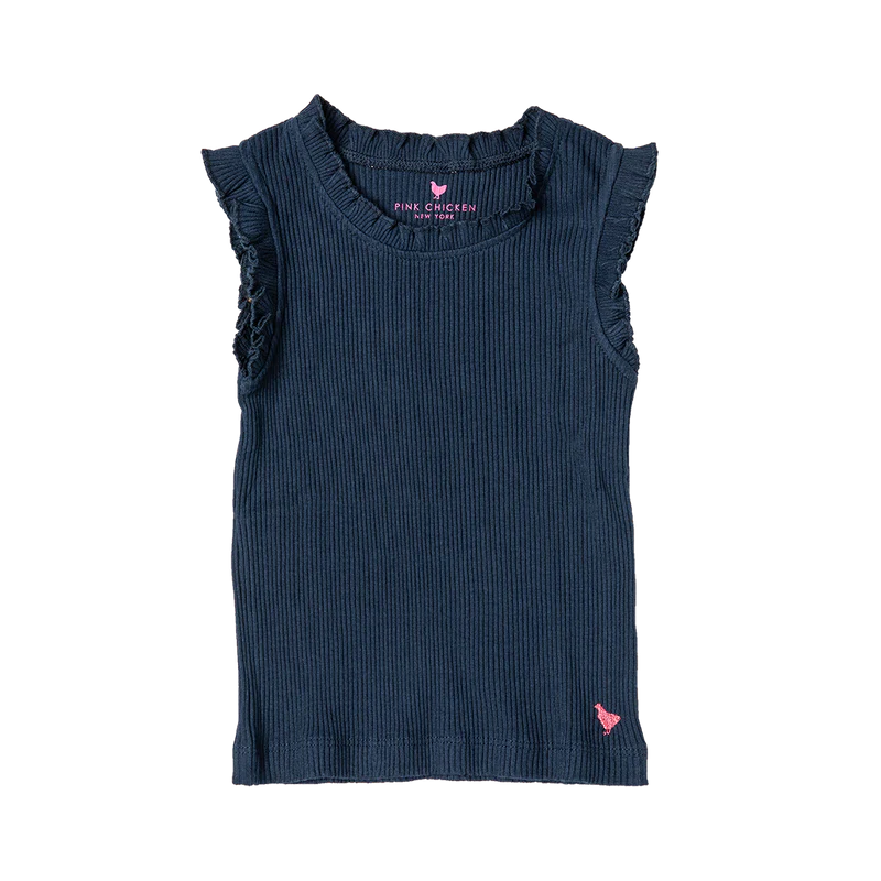 Girls Organic Ruffle Rib Tank- Navy