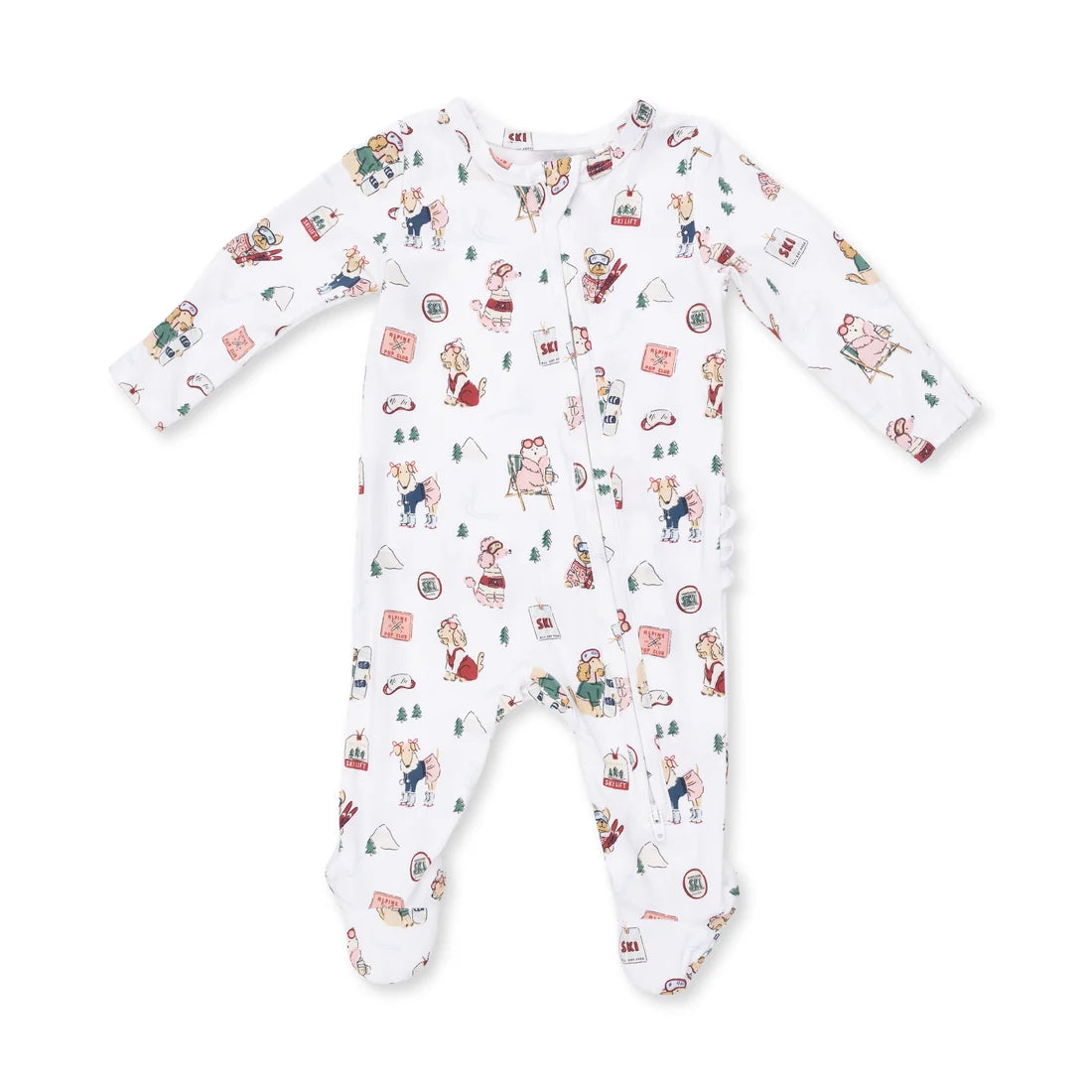 Pink Winter Sports Dogs 2-Way Ruffle Back Zipper Footie