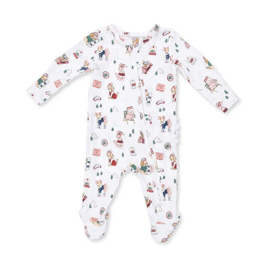 Pink Winter Sports Dogs 2-Way Ruffle Back Zipper Footie
