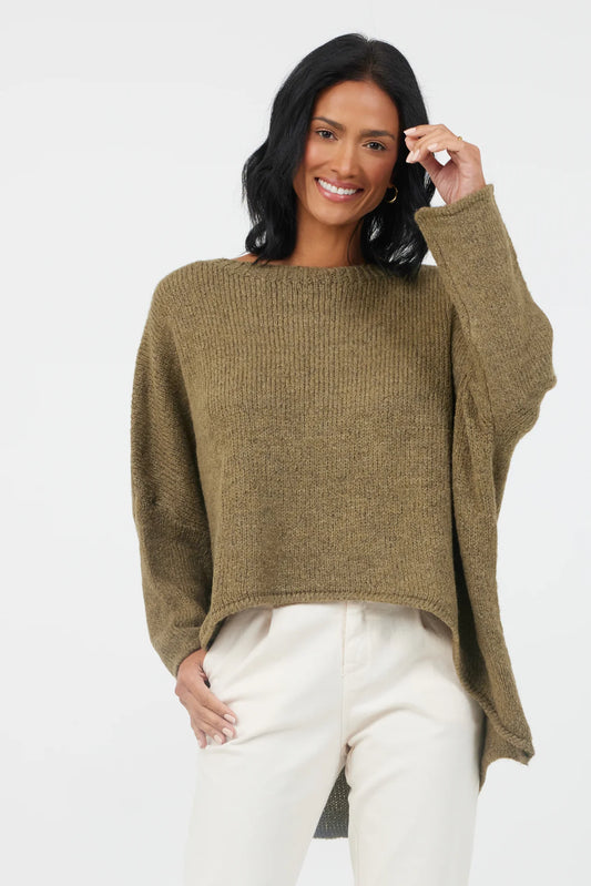 Feather Oversized Round Neck Sweater- Moss Green