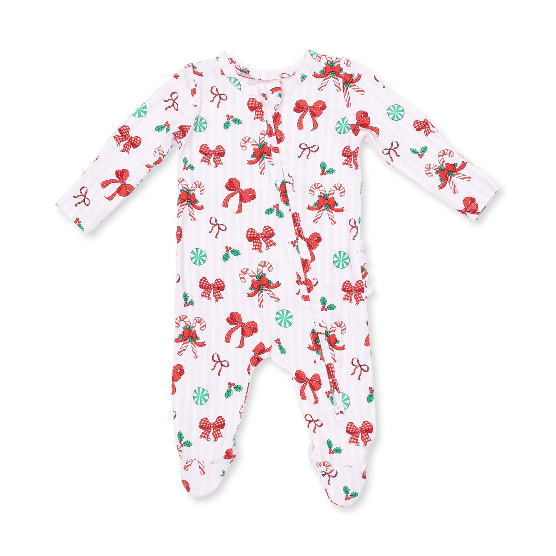 Bows + Candy Canes 2-Way Ruffle Back Zipper Footie