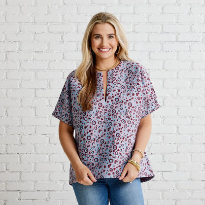 Betsy Jacquard Floral Top- Powder/Burgundy