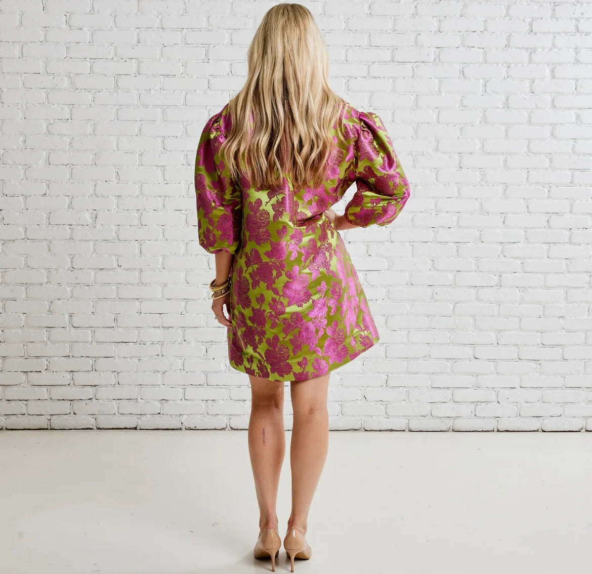 Asher Jacquard Dress- Chartreuse + Pink