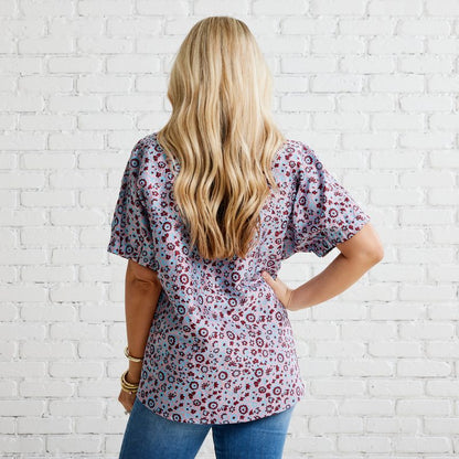 Betsy Jacquard Floral Top- Powder/Burgundy