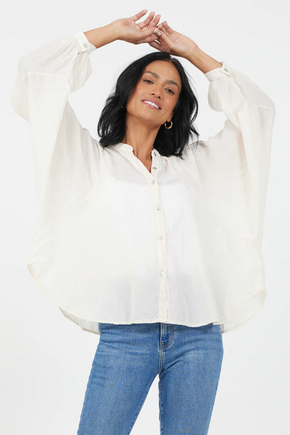 Crystal Batwing Grandad Shirt- Butter