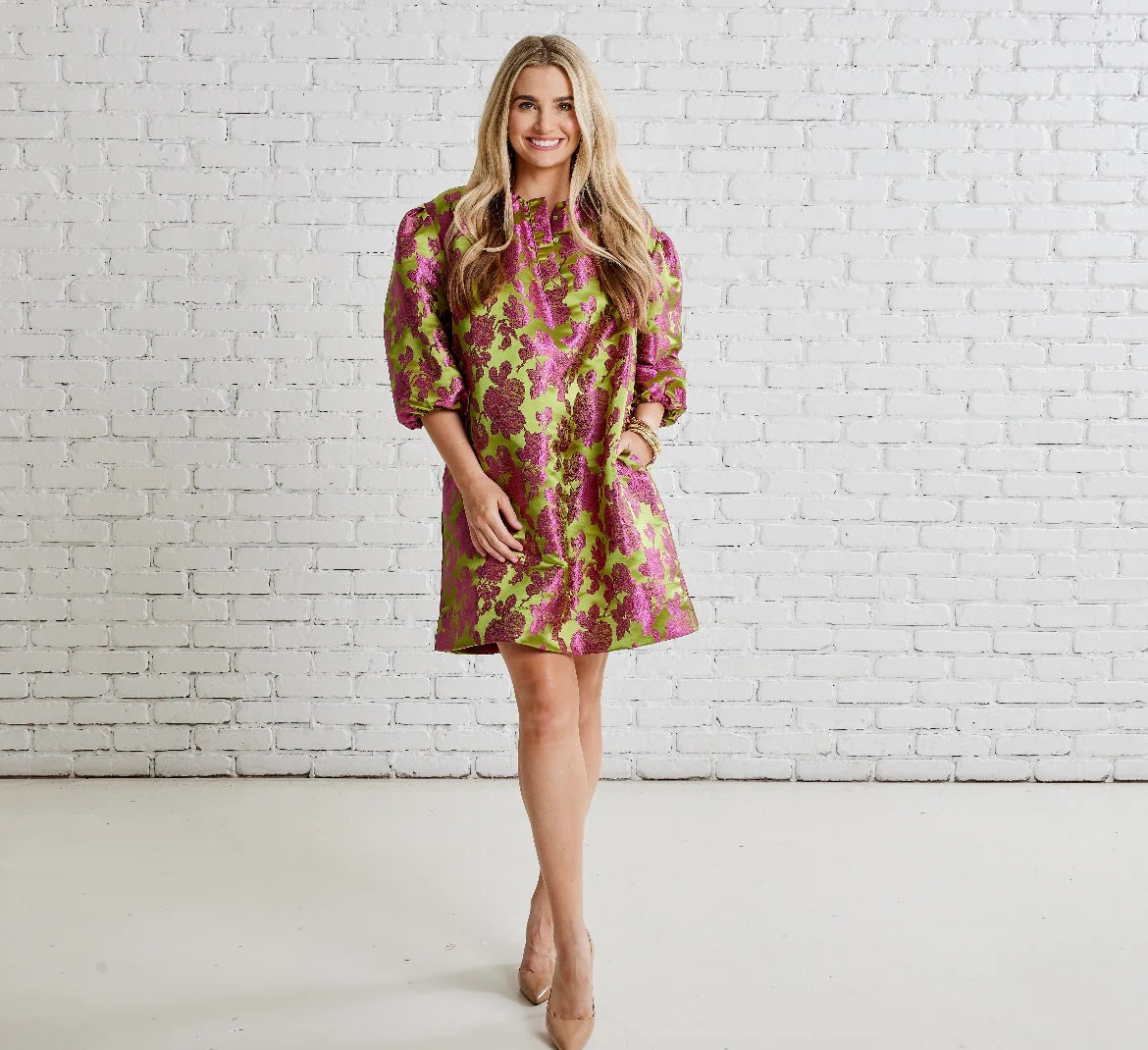 Asher Jacquard Dress- Chartreuse + Pink