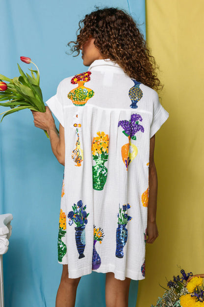 White Flower Vase Scattered Gauze Dress
