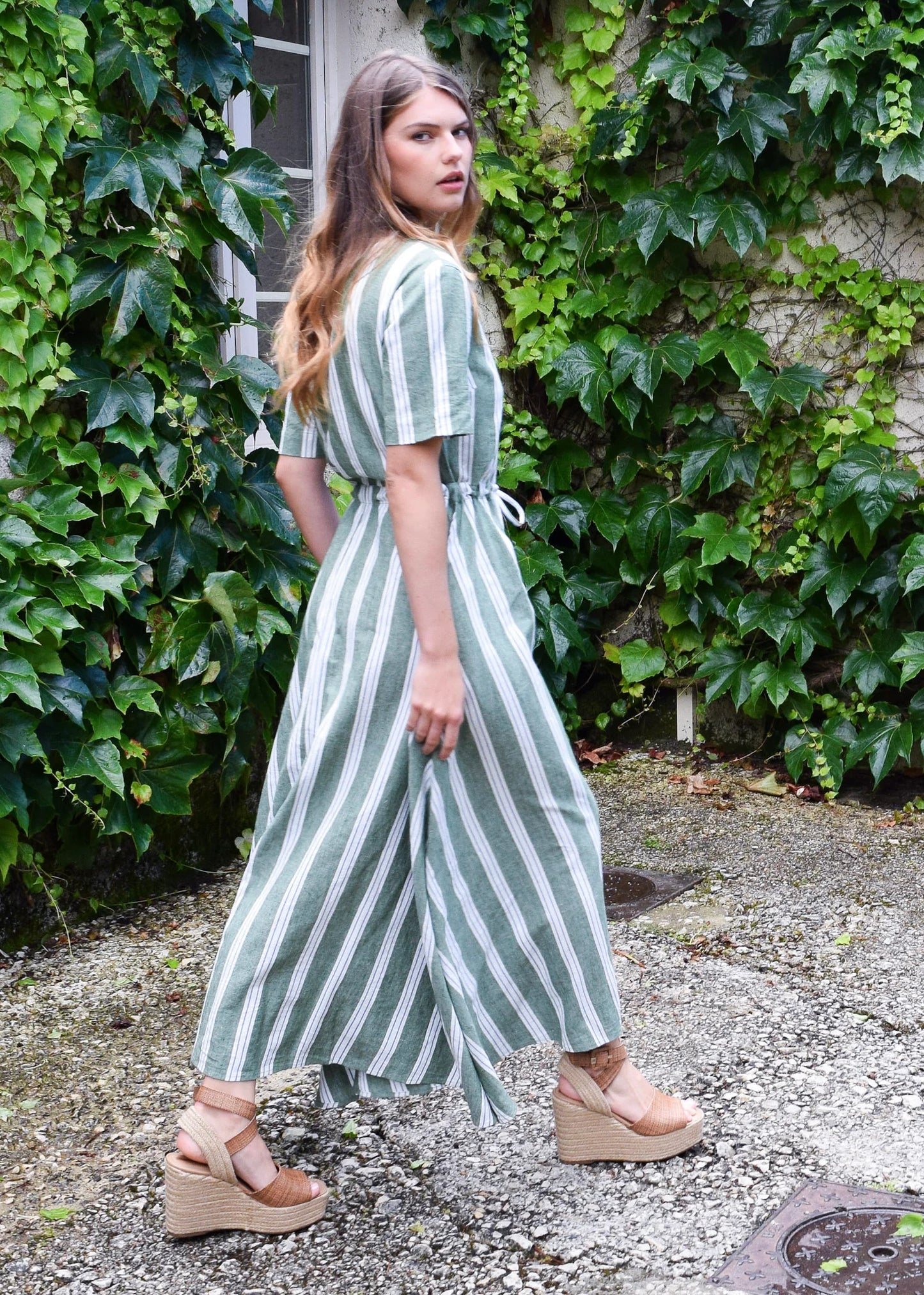 Kelli Short Sleeve Maxi Dress- Green Stripe