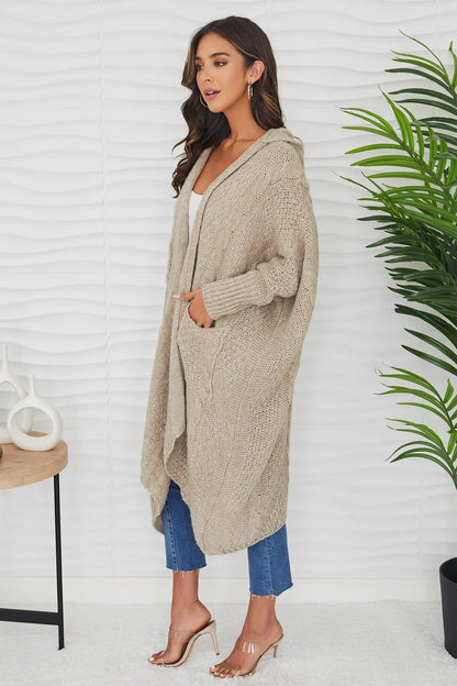 Cable Knit Mid Length Cardigan- Beige