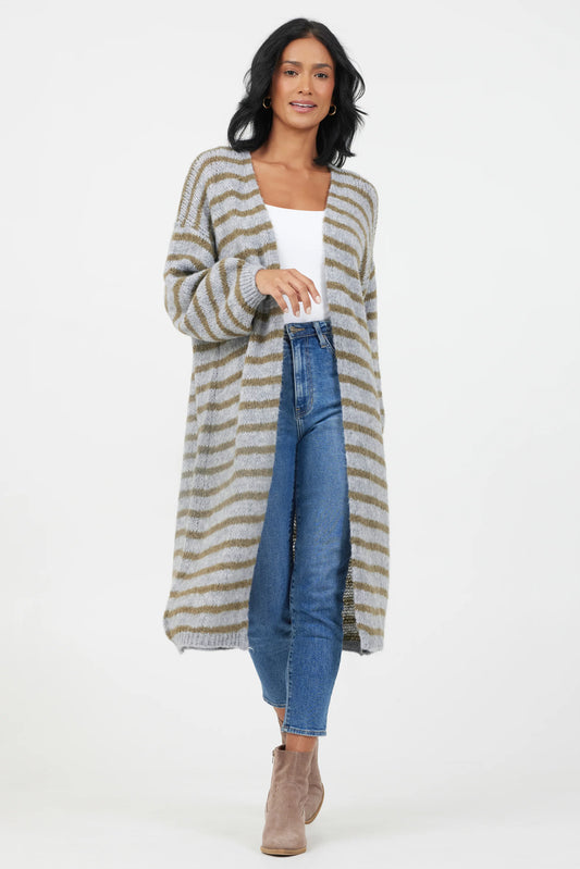 Flo Striped Long Cardigan- Grey + Moss Green