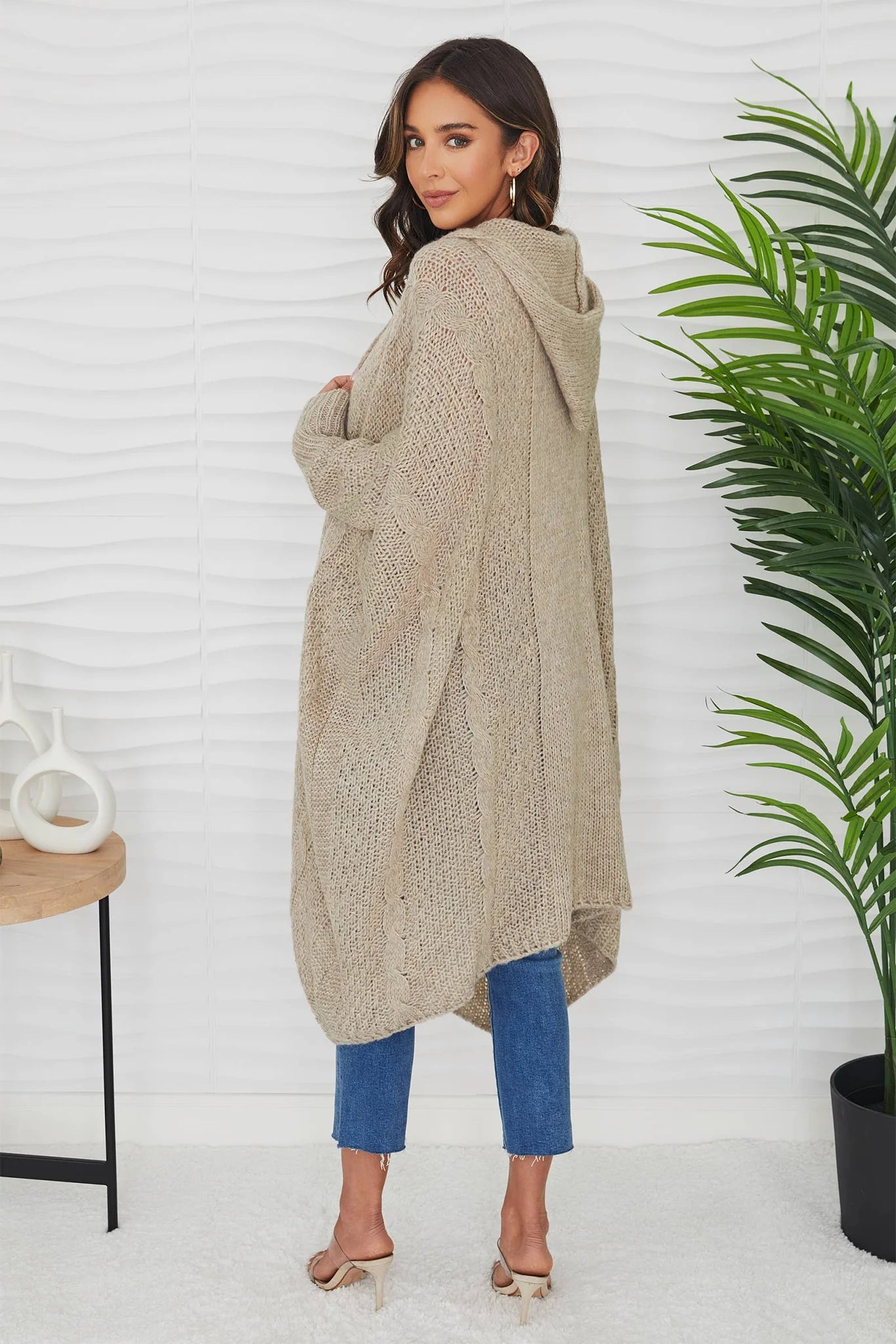 Cable Knit Mid Length Cardigan- Beige