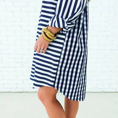 Preppy Dress- Stripe + Gingham Navy