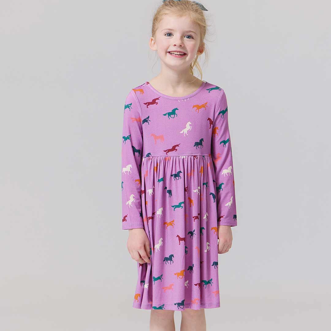 Girls Bamboo Steph Dress- Lavender Multi Horses