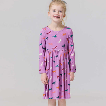 Girls Bamboo Steph Dress- Lavender Multi Horses