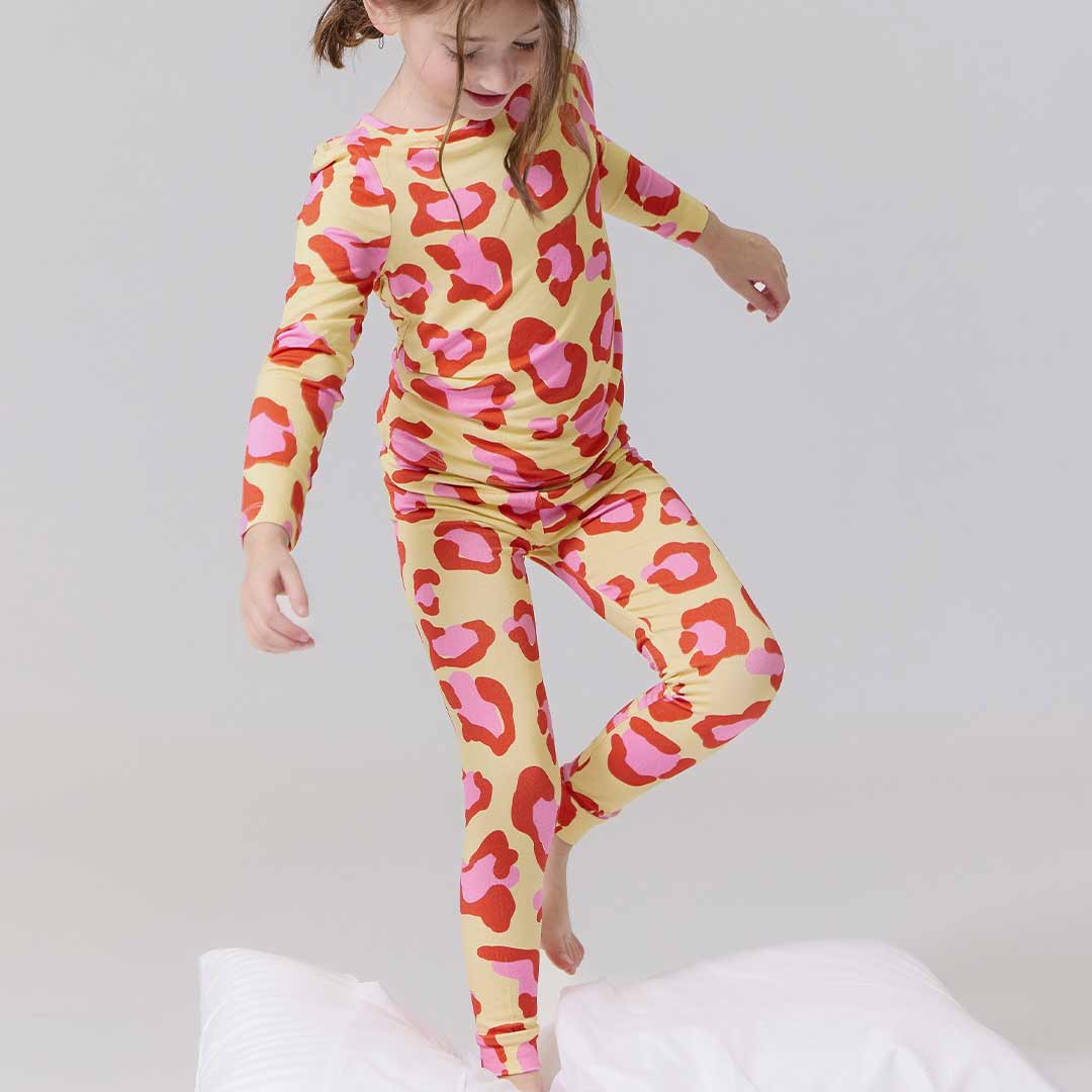 Kids Bamboo PJ Set- Yellow Oversized Leopard