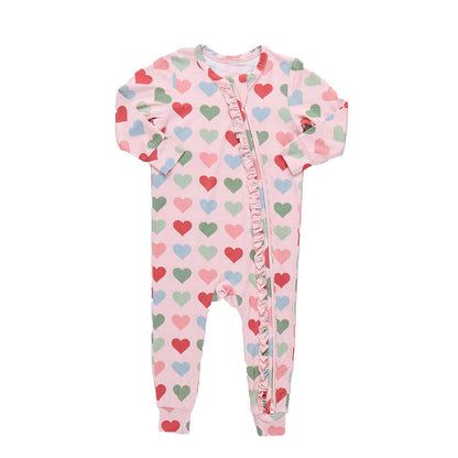 Baby Girls Ruffle Bamboo Romper- Pink Small Hearts