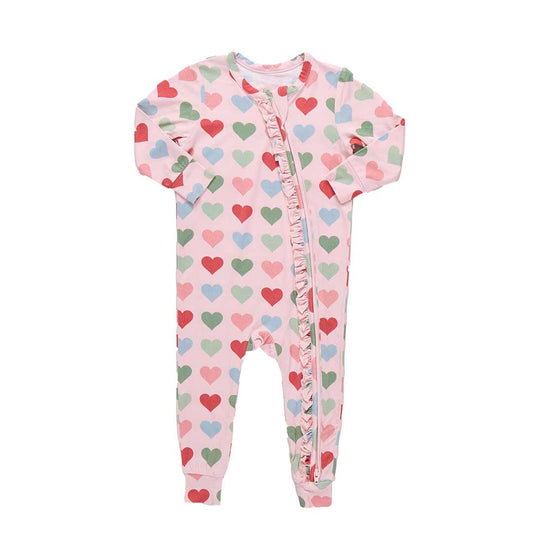 Baby Girls Ruffle Bamboo Romper- Pink Small Hearts