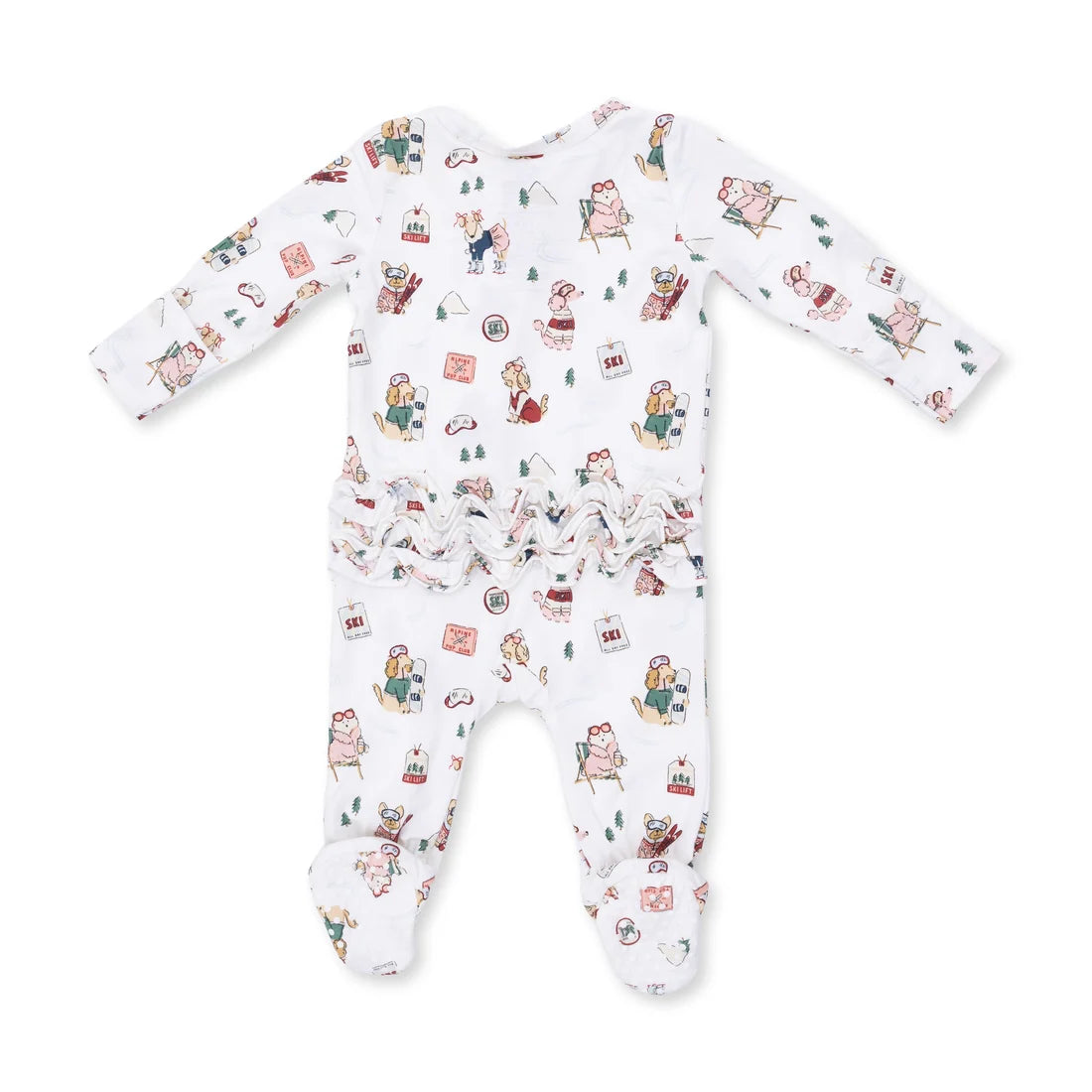 Pink Winter Sports Dogs 2-Way Ruffle Back Zipper Footie