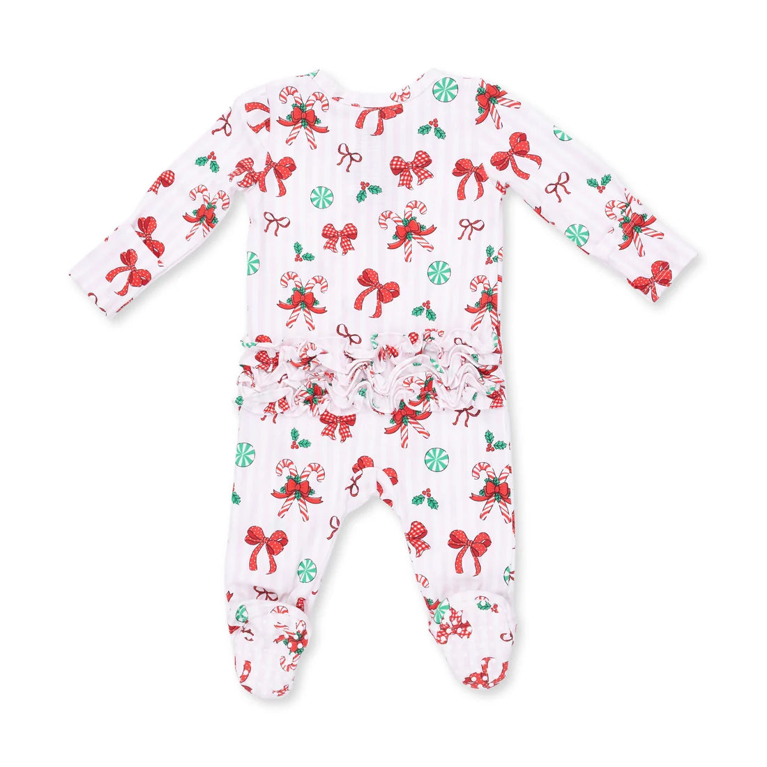 Bows + Candy Canes 2-Way Ruffle Back Zipper Footie