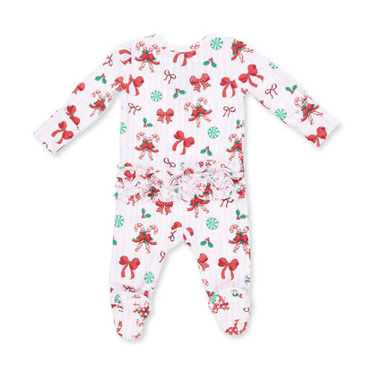 Bows + Candy Canes 2-Way Ruffle Back Zipper Footie