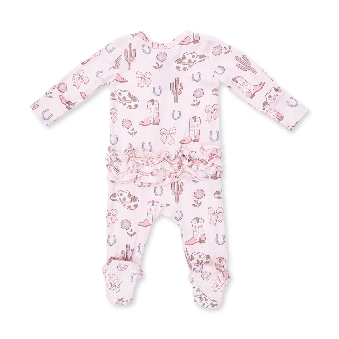 Cowgirl Boots + Bows 2-Way Ruffle Back Zipper Footie