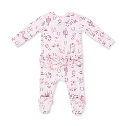 Cowgirl Boots + Bows 2-Way Ruffle Back Zipper Footie
