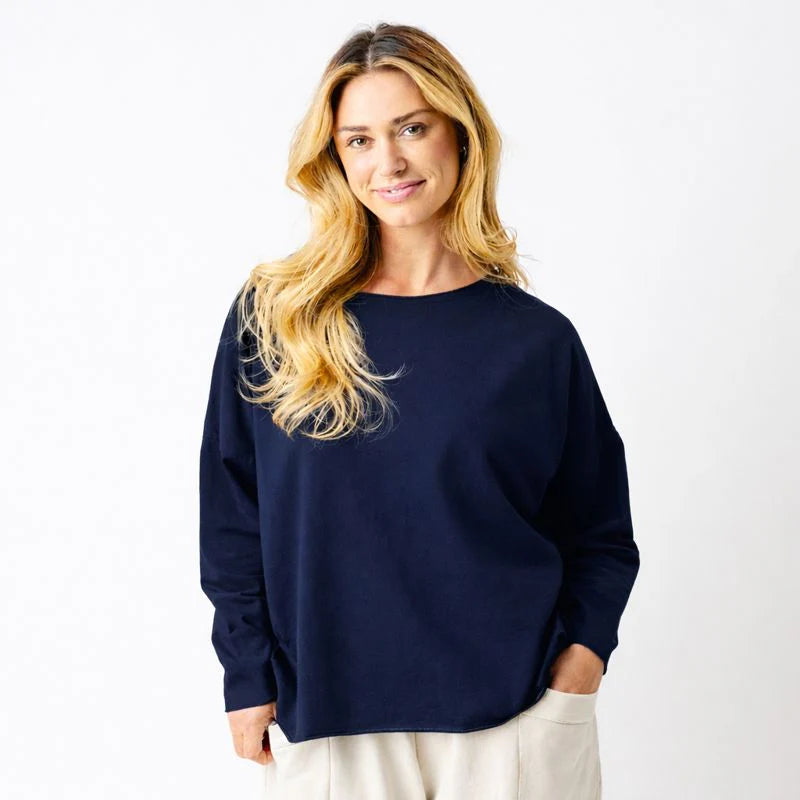 Jayne French Terry Raw Edge Top- Navy