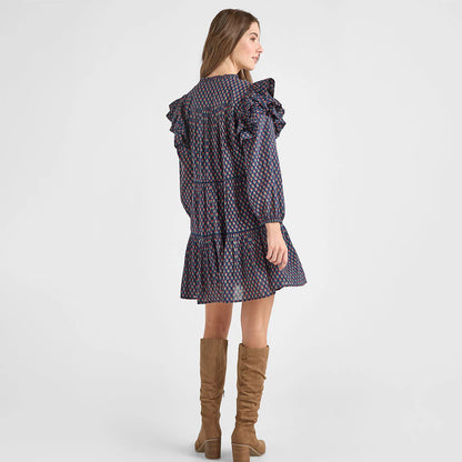 Womens Kalani Double Ruffle Dress- Navy Carnation
