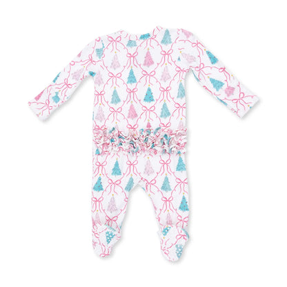 Bow Trellis Toile 2-Way Ruffle Back Zipper Footie
