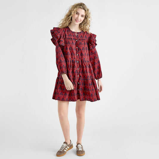 Womens Kalani Double Ruffle Dress- Red Autumn Strawflower