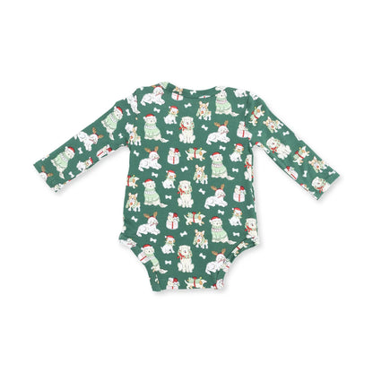 Long Sleeve Onesie- Green Xmas Dogs