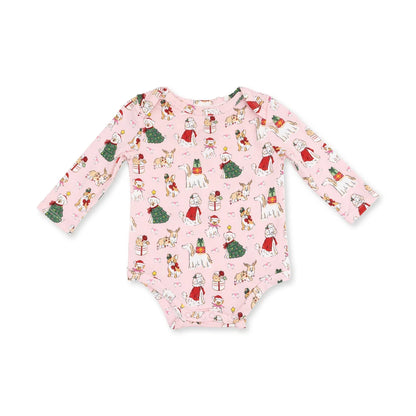 Long Sleeve Onesie- Pink Xmas Dogs