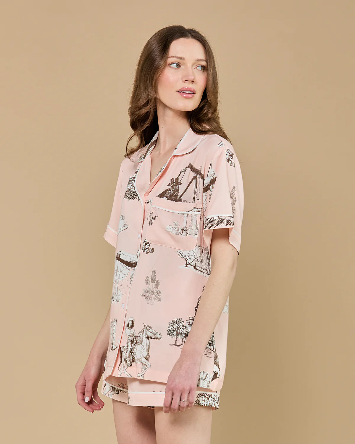 KK PJ Shorts Set- Pink + Brown Texas Toile