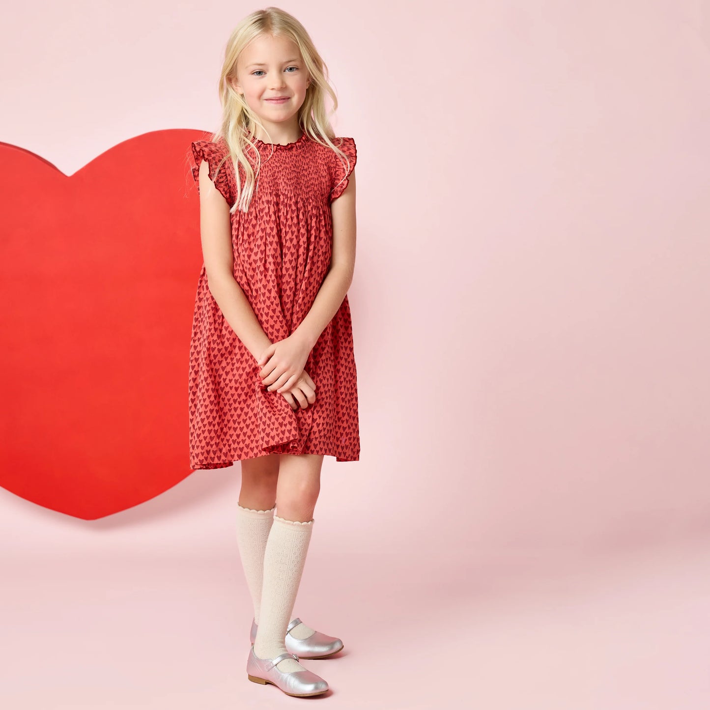 Girls Stevie Dress- Red Mini Hearts