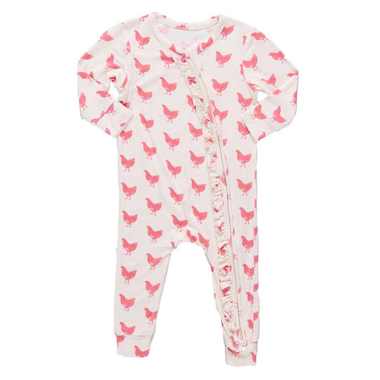 Baby Girls Ruffle Bamboo Romper- Pink Chickens