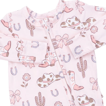 Cowgirl Boots + Bows 2-Way Ruffle Back Zipper Footie