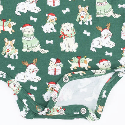 Long Sleeve Onesie- Green Xmas Dogs