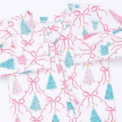 Bow Trellis Toile 2-Way Ruffle Back Zipper Footie