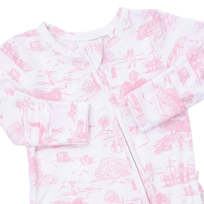 Golf Toile Pink 2-Way Ruffle Back Zipper Footie